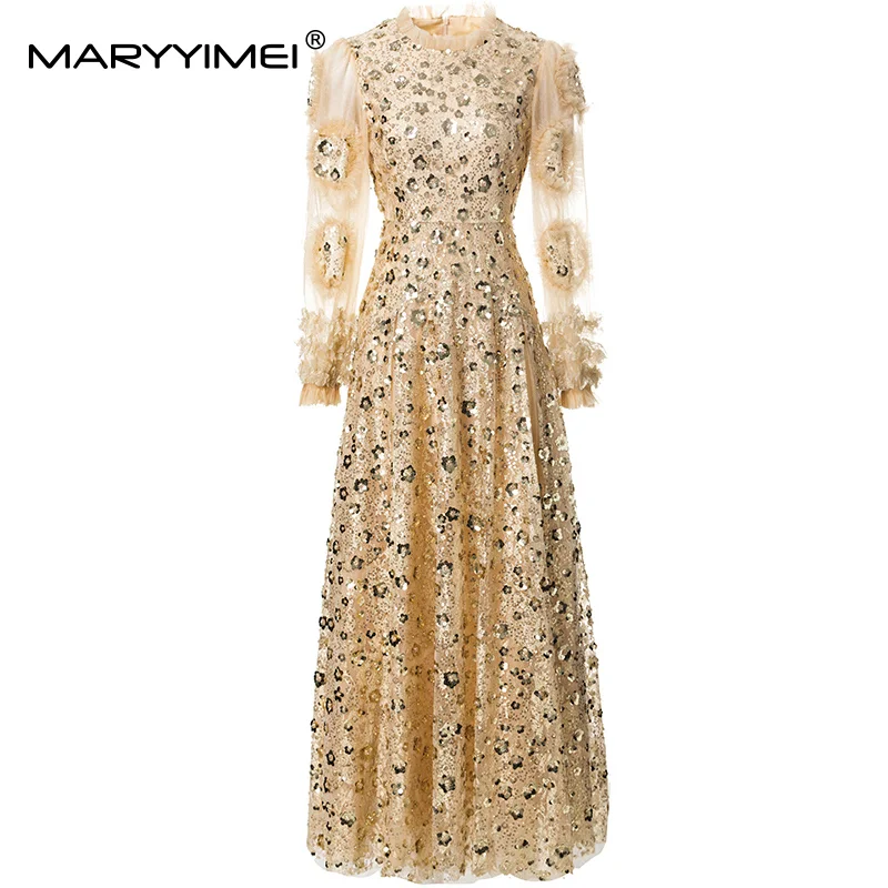 

MARYYIMEI Fashion design Women's Dress Long-Sleeved Sequins Fungus Beading Party S-4XL Dresses Spring 2025 New