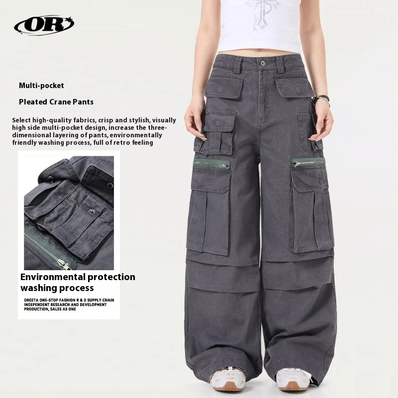 

OR FL Wash and Age Multiple Pockets Fold 100 Cotton Women Cargo Trousers American Retro Vintage Women's Slacks Wide Leg Pants