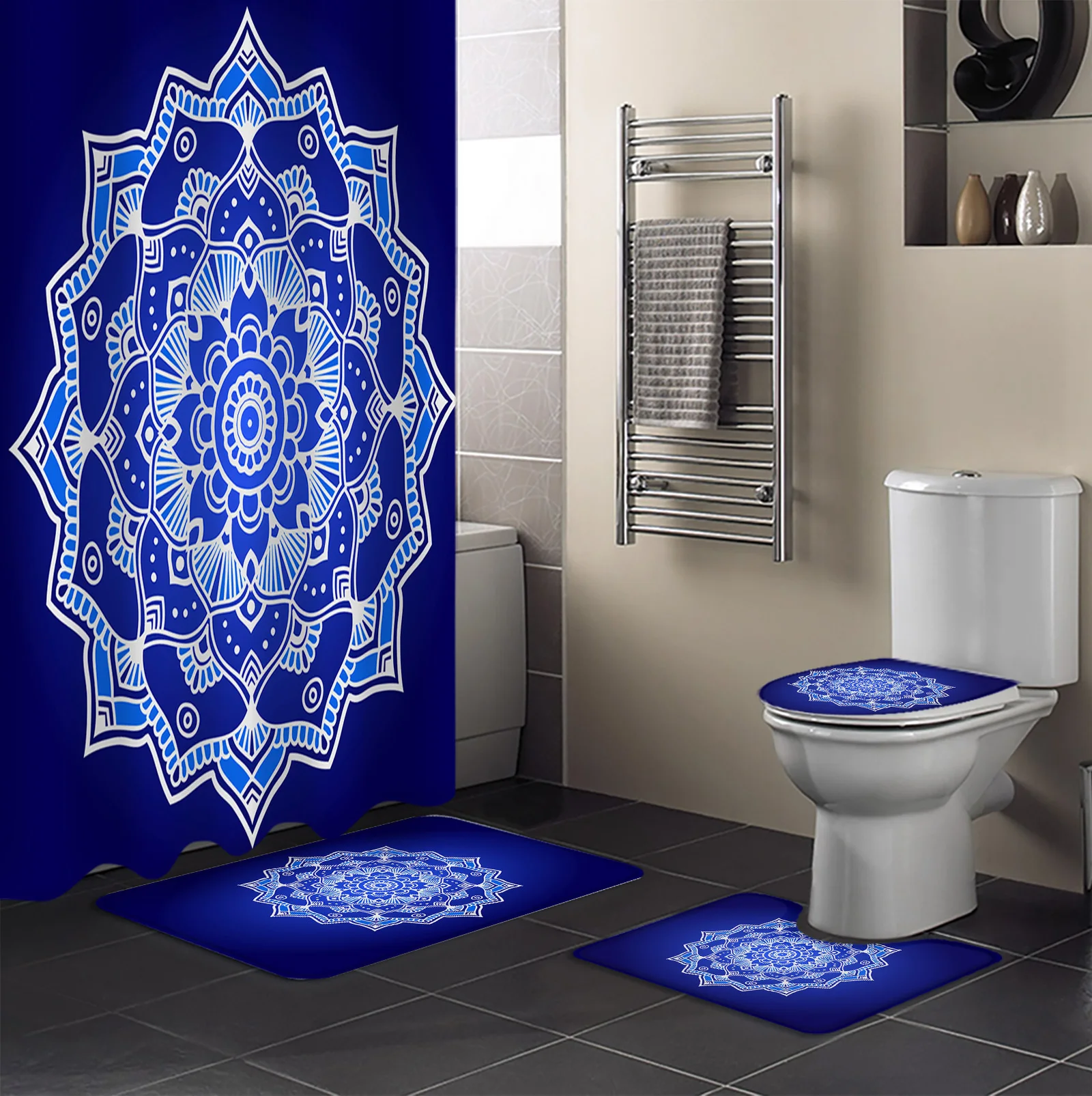 Mandala Gradient Texture Flower Shower Curtain Sets Non-Slip Rugs Toilet Lid Cover and Bath Mat Bathroom Curtains Set