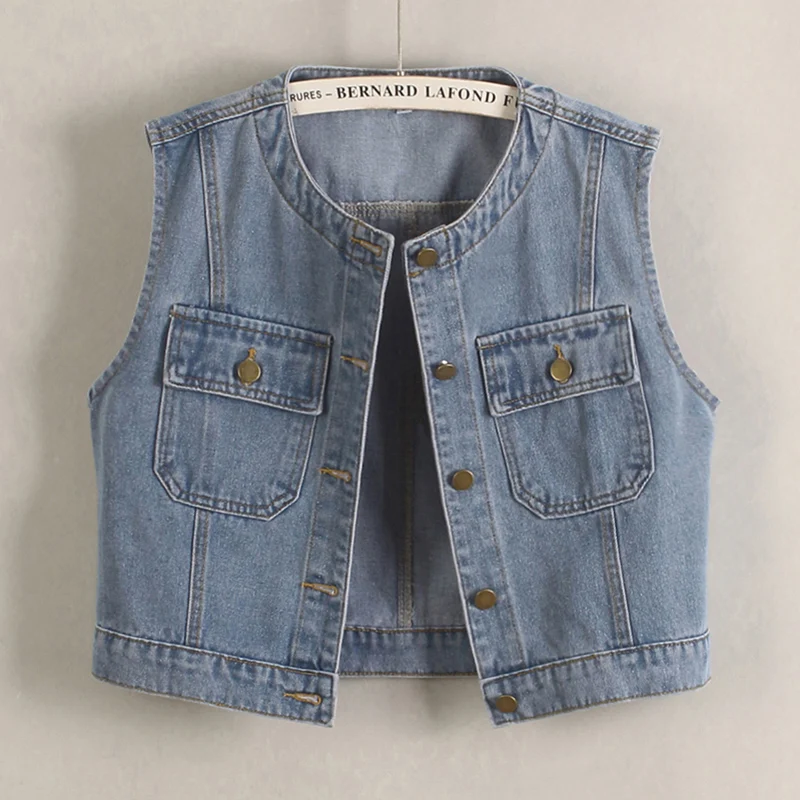 

Spring Women Vintage Blue Slim Short Cowboy Vest Round Neck Big Pocket Single-Breasted Sleeveless Jeans Waistcoat Veste Femme