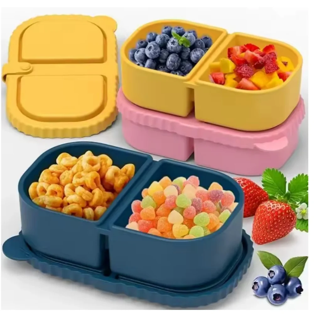Contenedores de aperitivos reutilizables de silicona de primera calidad, caja de aperitivos de doble compartimento, caja de salsa y ensalada a prueba de fugas, para picnics, oficina