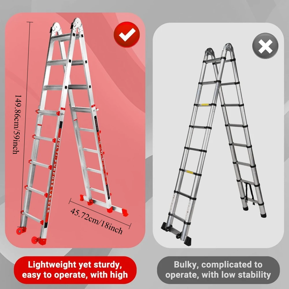 Ladder 17FT, A Frame 5 Step Telescoping Ladder with Stabilizer Bar & Wheels, Heavy Duty 330lbs Max Capacity,Collapsible Multi