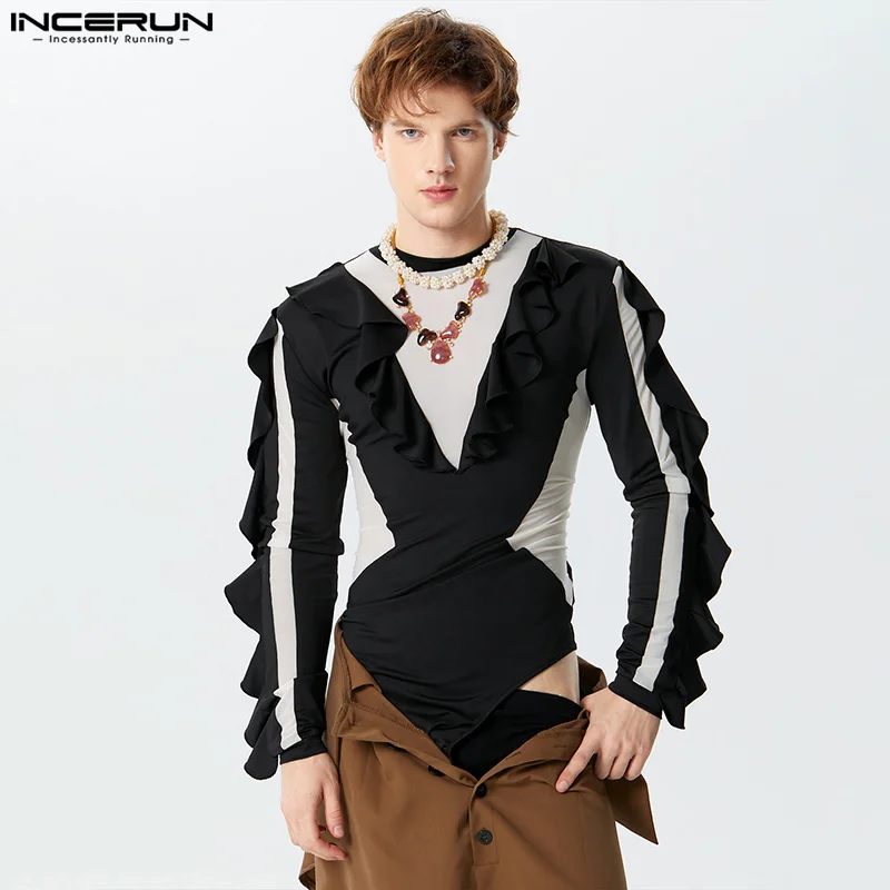 

INCERUN 2024 Sexy Style Men's Homewear Ruffle Edge Patchwork Mesh Design Jumpsuits Fashion Triangle Long Sleeved Bodysuits S-3XL