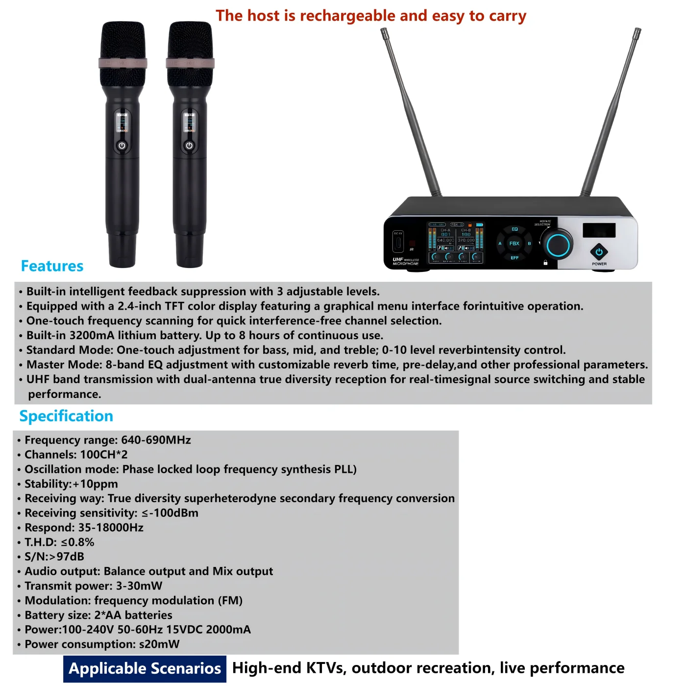 Dual 2 Handheld Wireless Microphone with 8-Band EQ Control Intelligent Feedback Suppression Anti-Interference