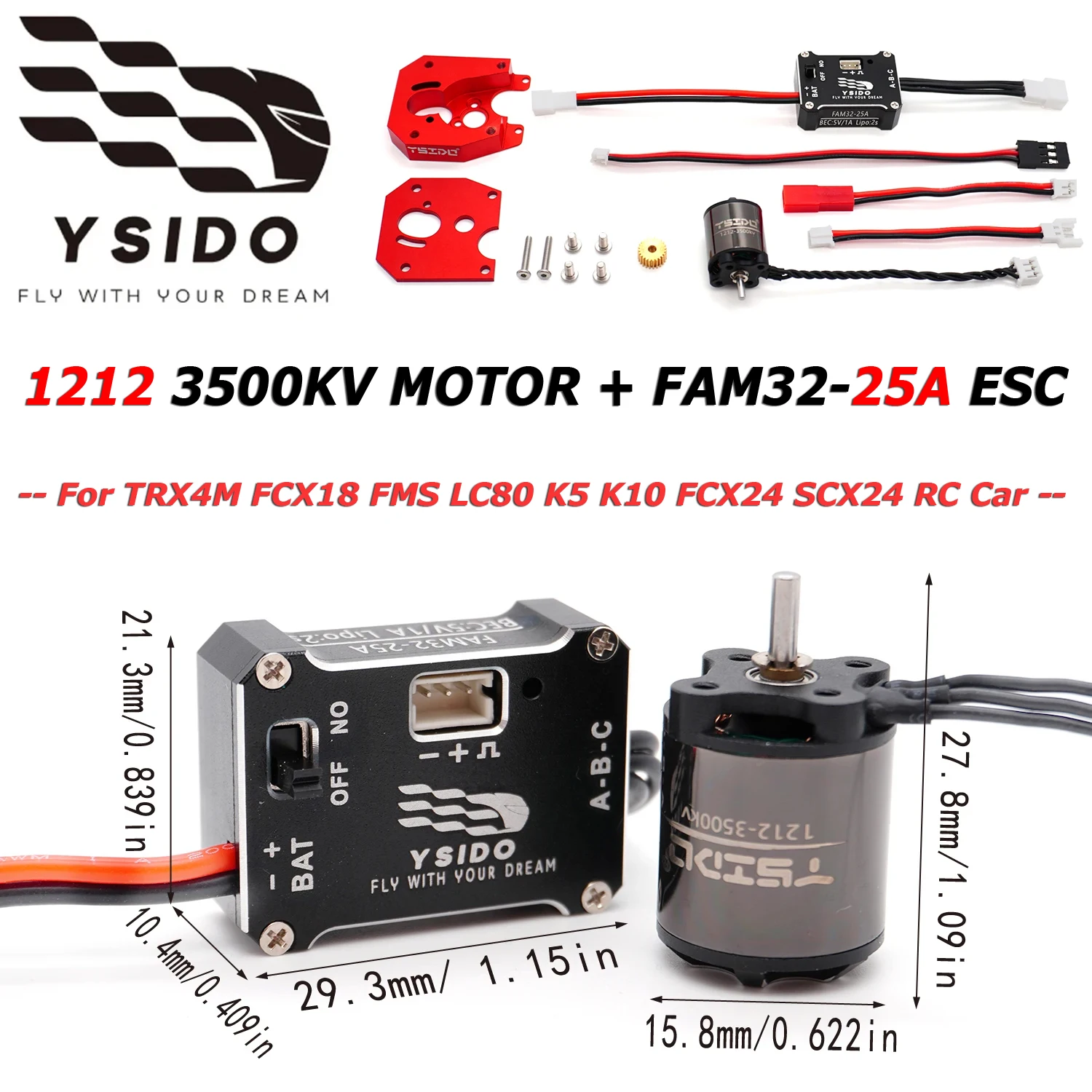 

YSIDO FAM32 25A ESC 1212 3500KV Motor Brushless Combo w/ Gear for TRX4M SCX24 FMS FCX18 FCX24 1/18 1/24 RC Crawler Accessories