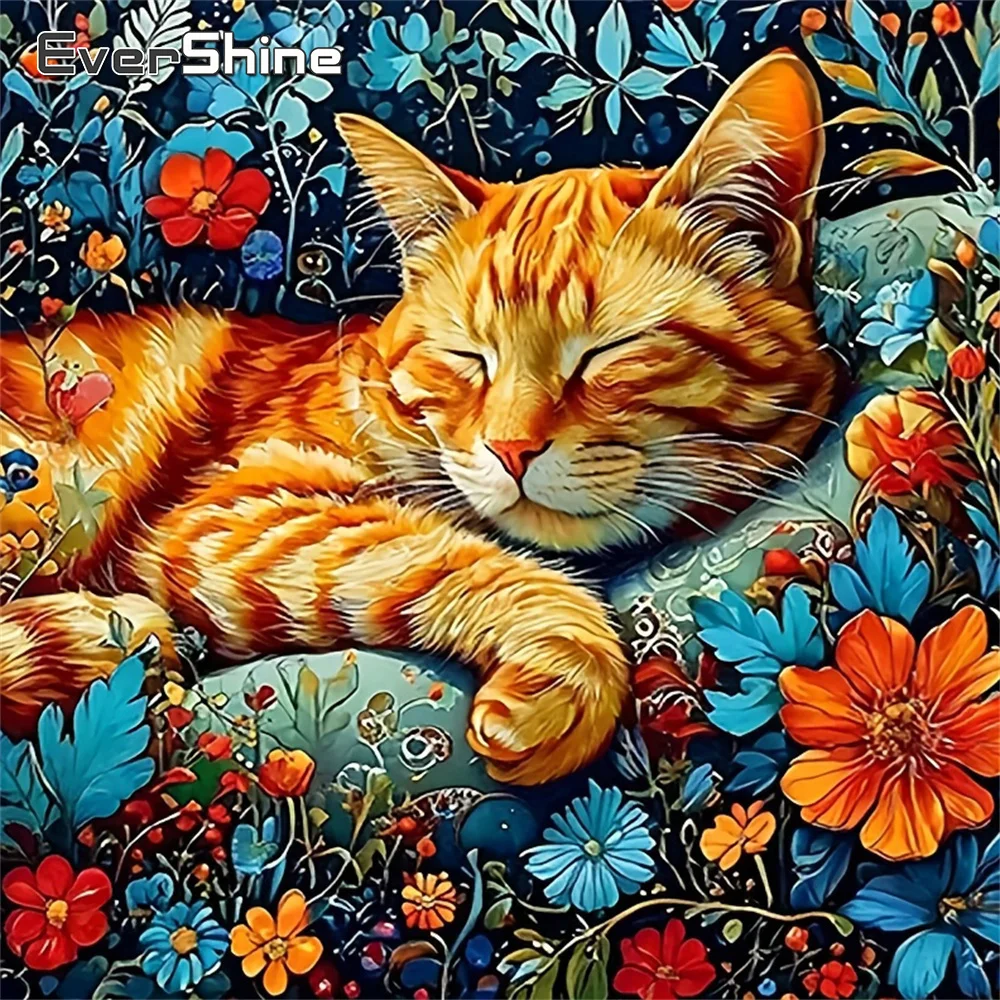 Evershine Diamant-Stickerei Tierbild aus Strass-Mosaik, Katze, vollflächiges quadratisches Gemälde, Gänseblümchen, Kinderhobby