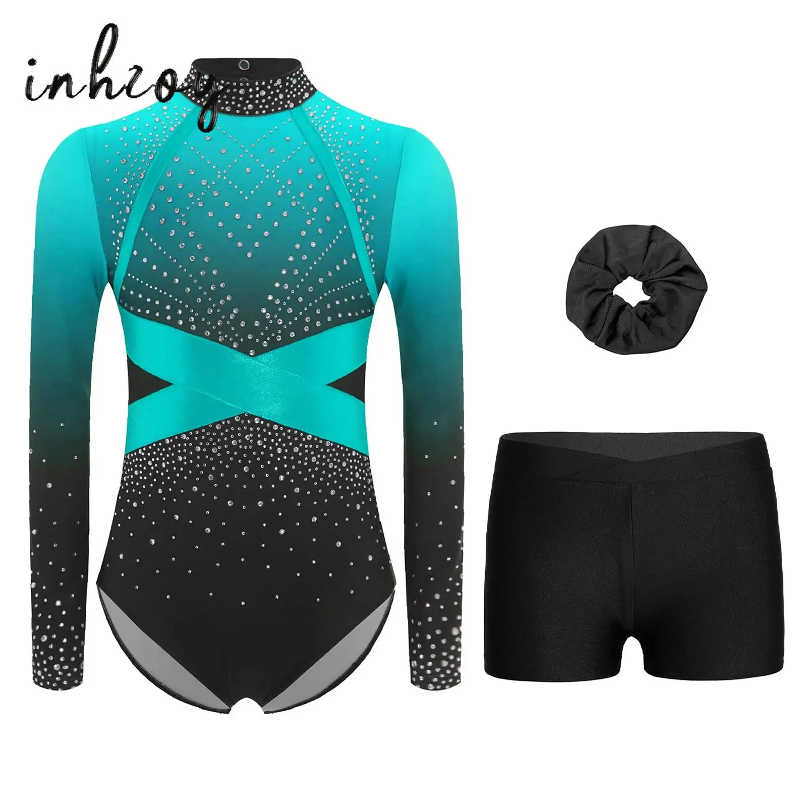 

Kids Girls Figure Ice Skating Dance Gymnastics Leotards Outfits Long Sleeve Shiny Rhinestone Color Block Leotard+Shorts+Hairband