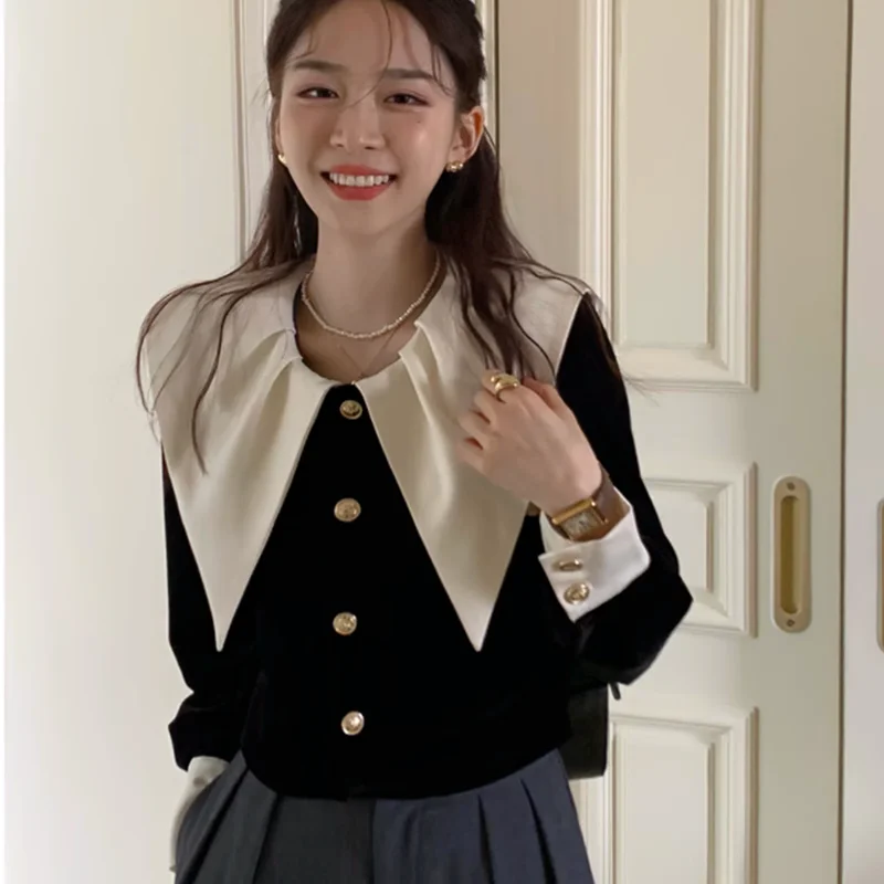 Lapel Shirts Women French Style Elegant Loose Vintage Panelled Graceful Pretty Lady Aesthetic Tops Autumn Pleuche Design Sweet image 2
