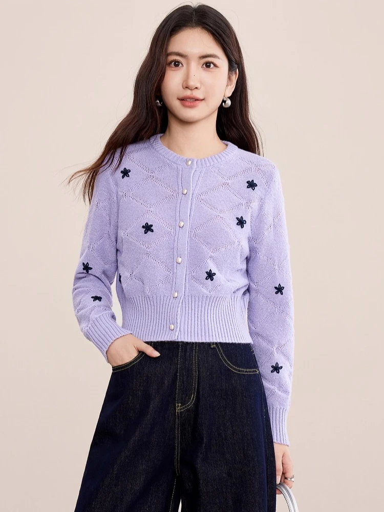 

SENTUBILA Women's Flower Embroidery Knitted Cardigan 2025 Autumn Contrast Color O-Neck Rhombus Pattern Warm Casual Top W53HB3475