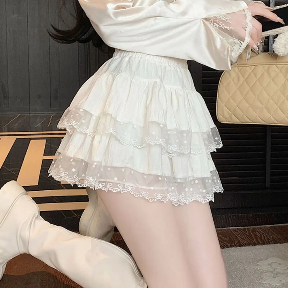 

Soft Dots Puffy Cake Skirt Women Sweet Textured Lace Bowknot Short Skirt Multi-layer Ruffle A-Line Short Skirt Women