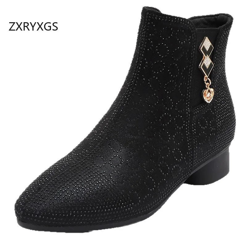 

ZXRYXGS New Fashio Genuine Leather Rhinestone Boots Low Heels 2025 Autumn Winter Boots Women Trendy Boots Banquet Shoes Black