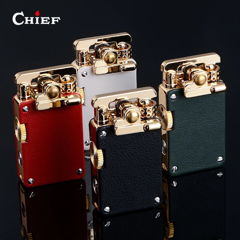 CHIEF Creative Retro Grinding Wheel Windproof Rocker Ignition Kerosene Lighter Alloy Material Carved Leather Men's Gift