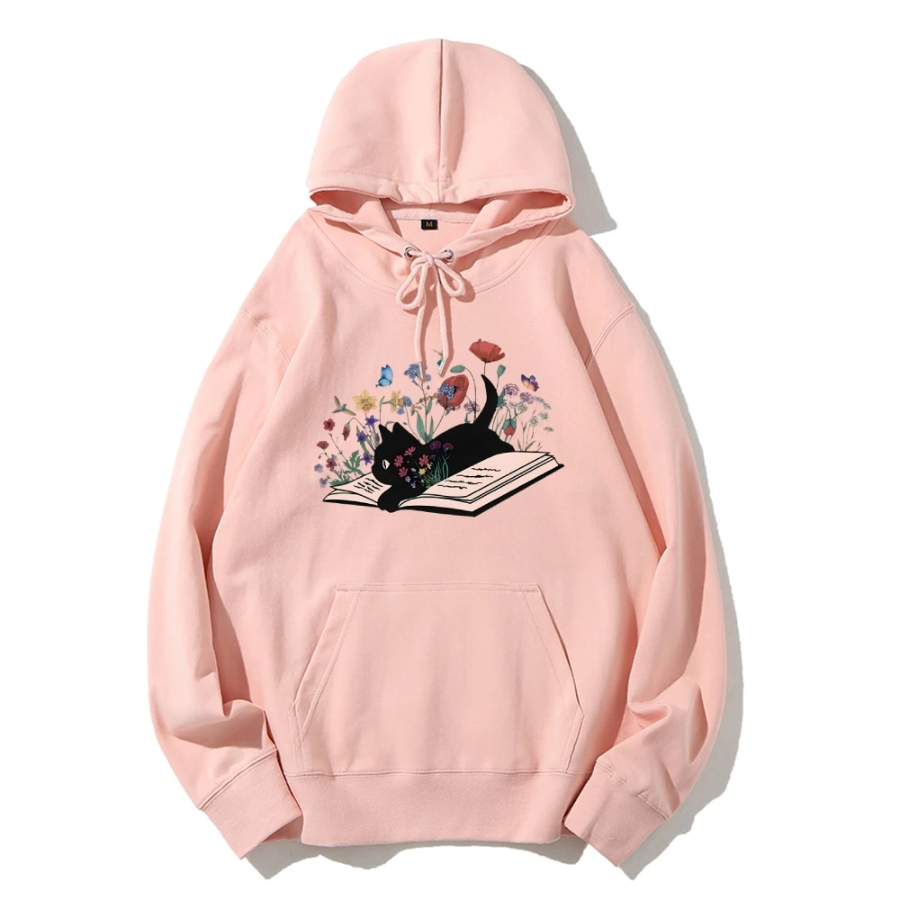 

Floral Cute Book Cat Casual Hoodie Kitty Kitten Lover Gift Women’s Autumn Winter Sweatshirt Pullovers Colors Long Sleeve Shirt