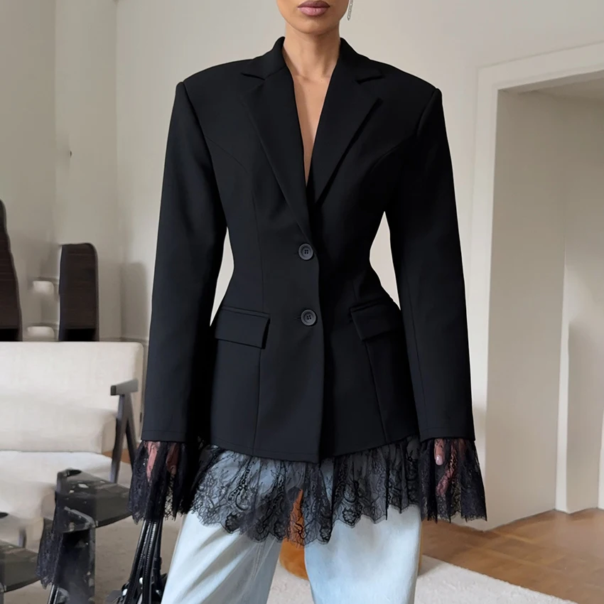 معاطف Linad كلاسيكية من الدانتيل باللون الأسود النحيف للنساء سترات أنيقة بياقة مدببة ملابس خارجية أنيقة للشارع بأكمام طويلة للسيدات لخريف 2025