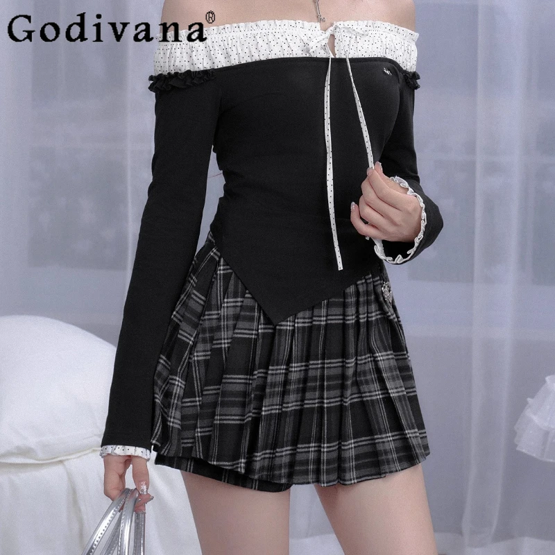 

Black White Romantic Slash Neck Slim Long Sleeve Sweet T-shirt Spring Autumn Girl Versatile Fashion Age Reduction Irregular Top