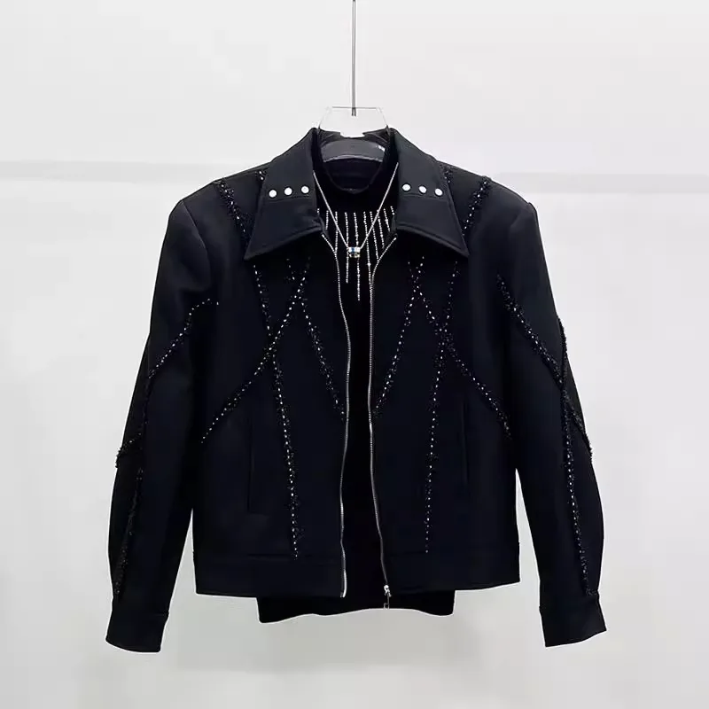 2025 New American Style Trendy Heavy Craft Personality Turn-Down Collar Jacket Coat Youth Handsome Long Sleeve Jacket for Men