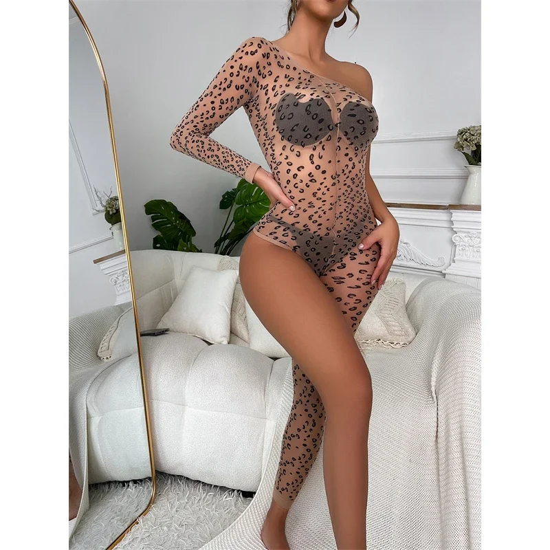 Lencería Sexy asimétrica para mujer, Camisón con estampado de leopardo, medias de cuerpo, nalgas abiertas, ropa interior