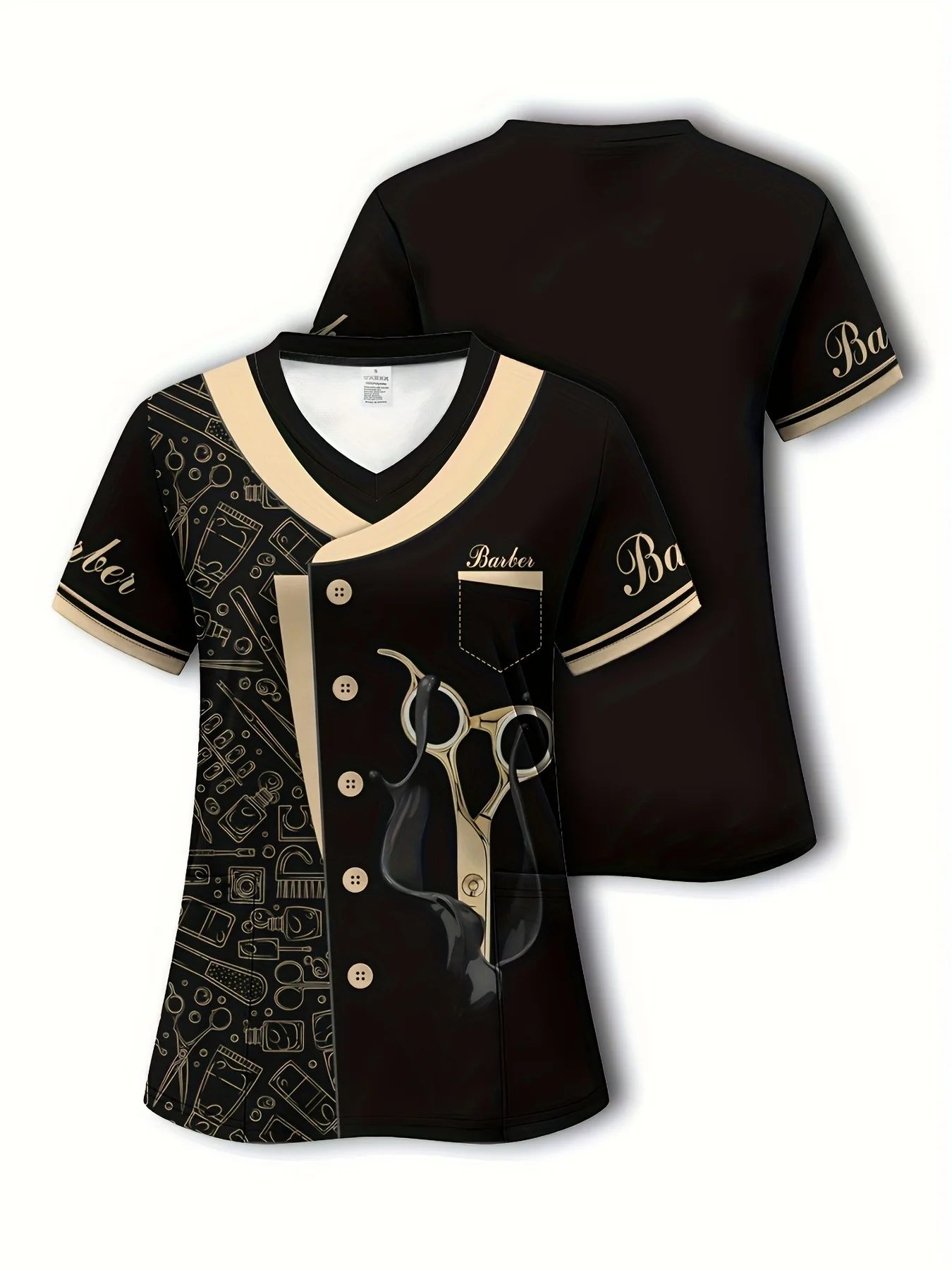 Vêtements d'été pour femmes, uniforme de barbier élégant, T-Shirt noir à col en v avec peigne à ciseaux imprimé, parfait pour les coiffeurs, 2025