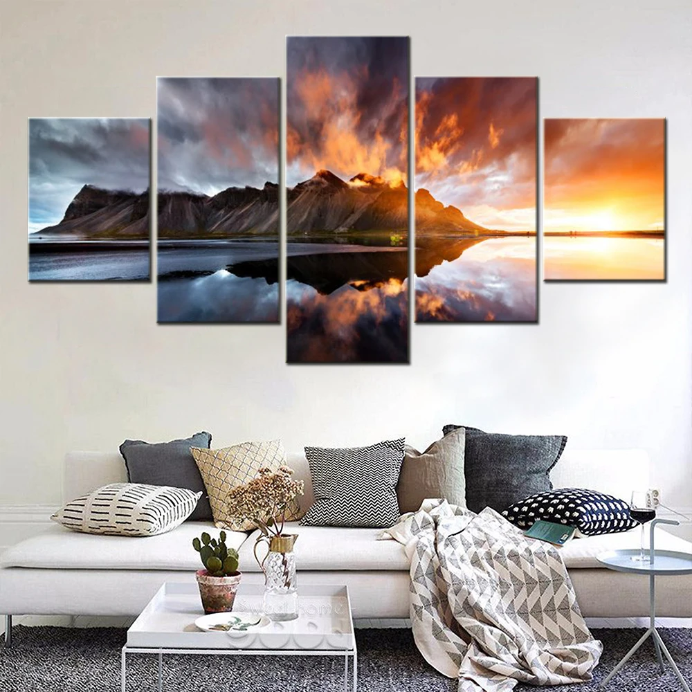 

5 Pieces Canvas Modern Wall Decoration Landscape Vestrahorn Mountain Wallpaper Paintings Pictures Home Decor Living Room Mural