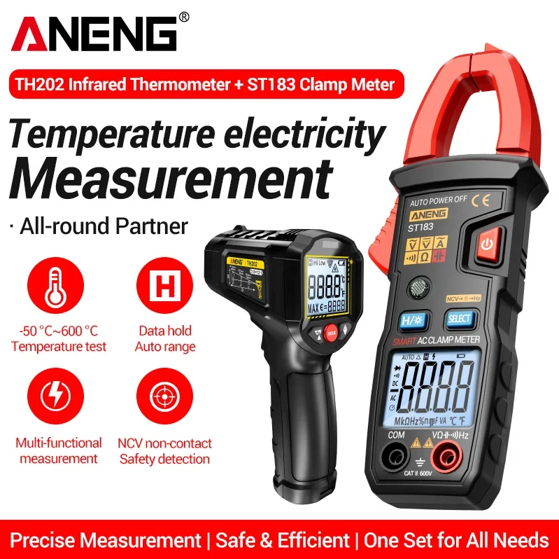 ANENG ST183 digital clamp meter TH202 thermometer gun 600A current detection -50 ℃~600 ℃ temperature measurement electrician set