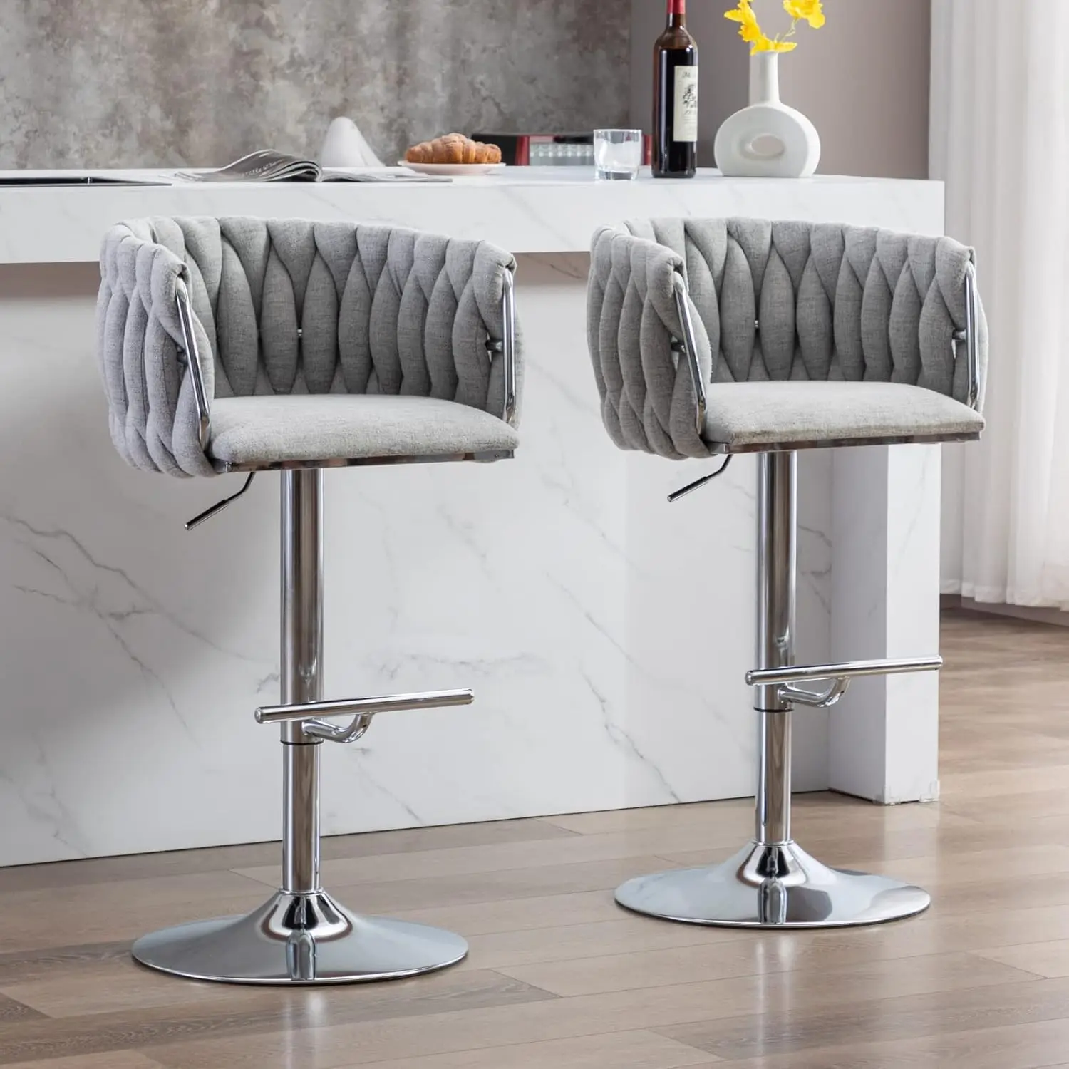 

HEAH-YO Swivel Bar Stools Set of 2, Adjustable Counter Height Bar Stools with Woven Backs and Silver Base, Linen Fabric Kitchen