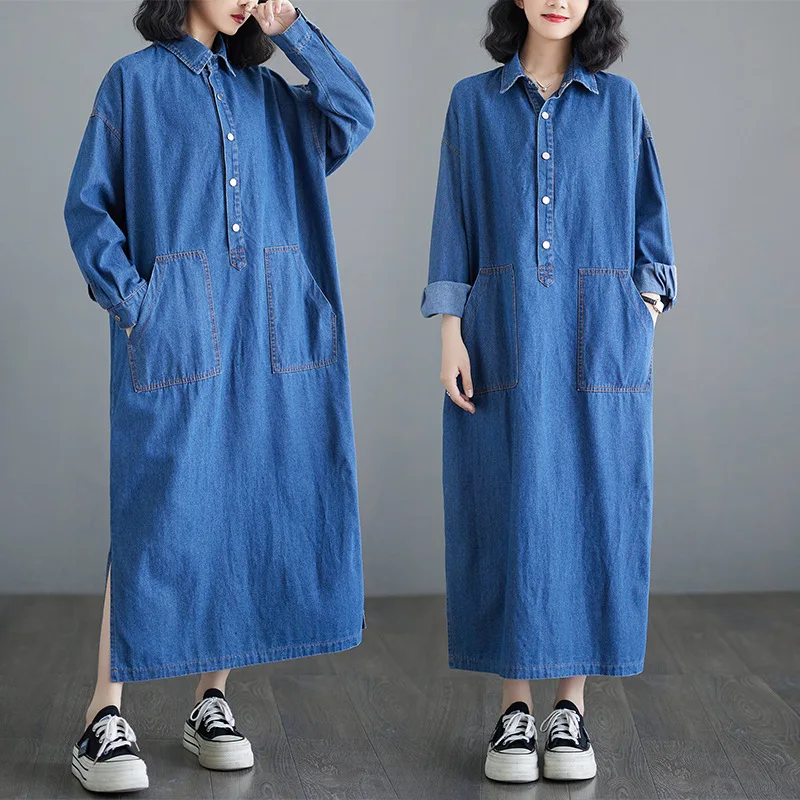 

Long Dress Women Denim Dresses Turn Down Collar Autumn Mom Jeans Vestidos Streetwear Elegant Splice Y2k Work Casual Loose 2025