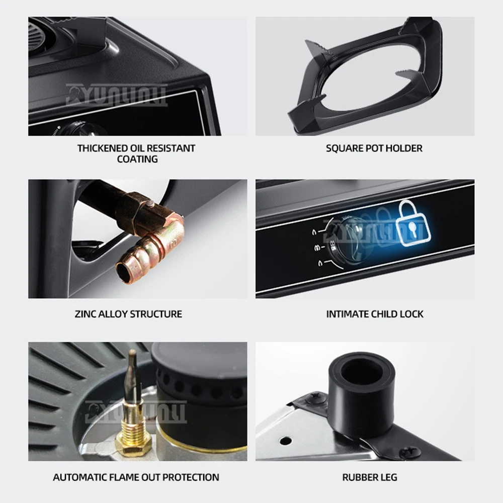 Fogão a gás doméstico Desktop, fogão duplo para cozinhar cozinha, aço inoxidável, gás liquefeito