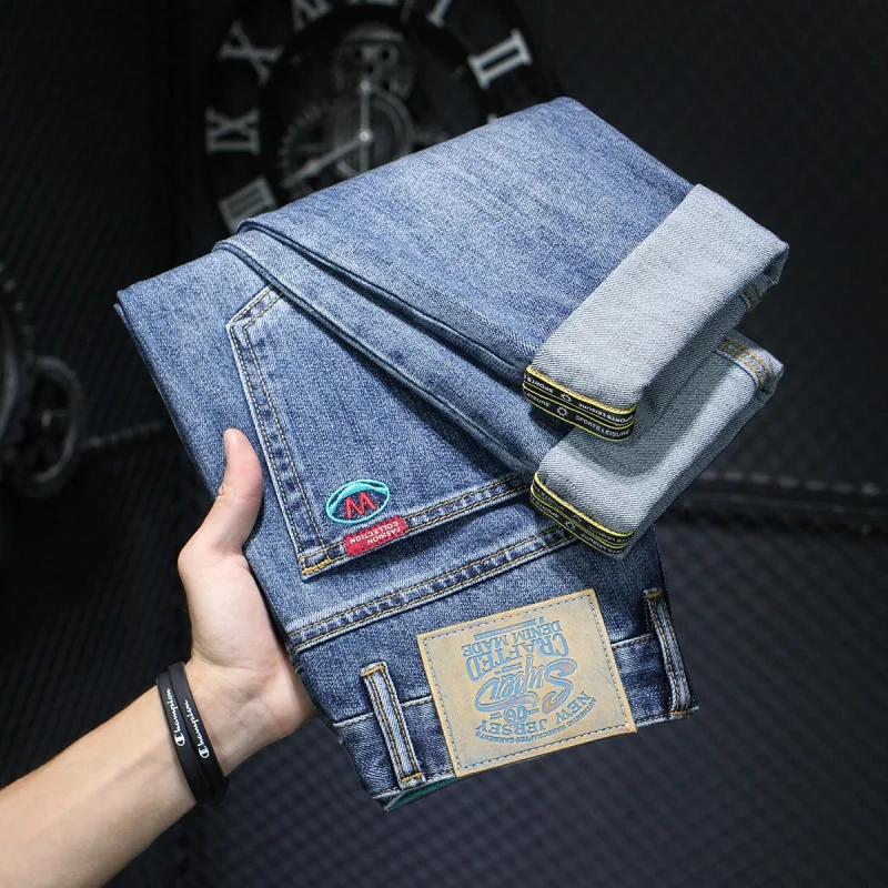 

2024 Spring New Men's Jeans Trend All-Matching Fashion Casual Washed Blue Embroidered Slim Straight-Leg Pants