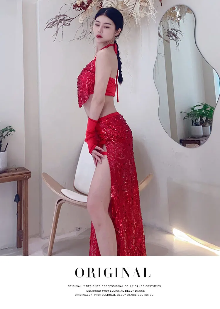 New Belly Dance Costume Summer Sequins Sexy Red Split Three Piece Long Dress Women's Professional Performance Costume Set