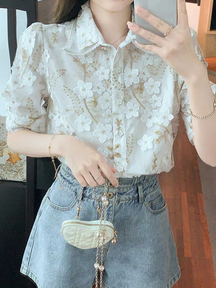 SMTHMA Summer New French Vintage Flower Embroidery Shirt Women\'s Fashion Design Elegant Lapel Short Sleeve Top