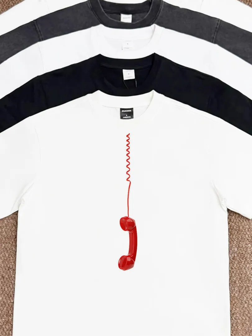 Red Telephone Wire Fun Personality Small Pattern Printed Pure Cotton Short Sleeve T-Shirt Design Sense Unisex Couple round Neck