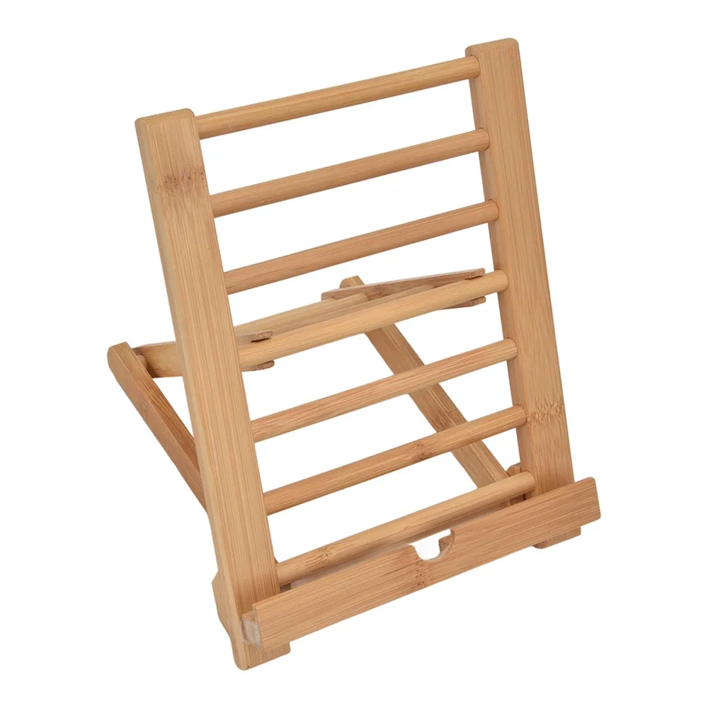 Natural Bamboo Tablet Stand Folding Design Universal Fit Tablet Holder Multi Angle Adjustable Height Desktop Bracket For Cooking