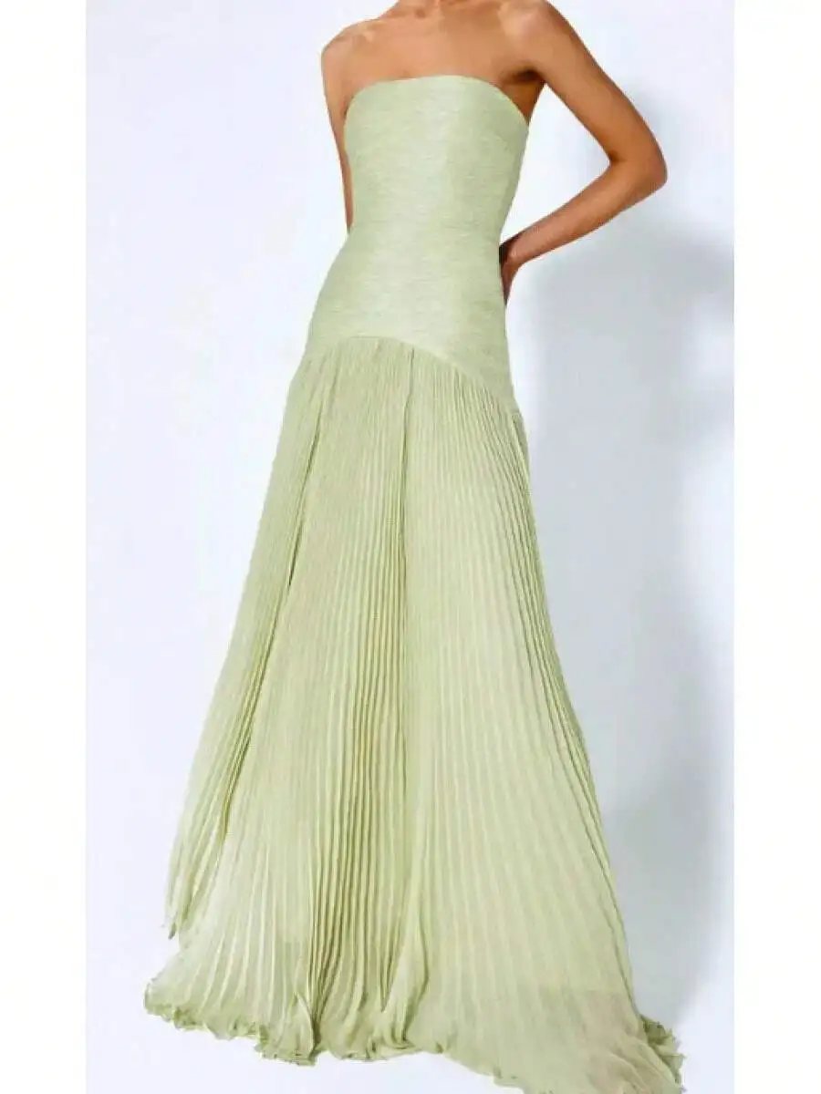 

Strapless Pleated Floor-Length Dress For Women Elegant Prom Evening Gown