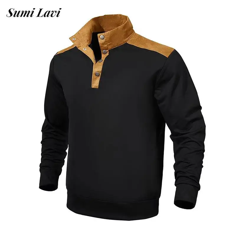 

Fashion Loose Long Sleeve Mens Sweatshirts Spring Autumn New Casual Patchwork Pullovers Men Vintage Buttoned Stand Collar Tops