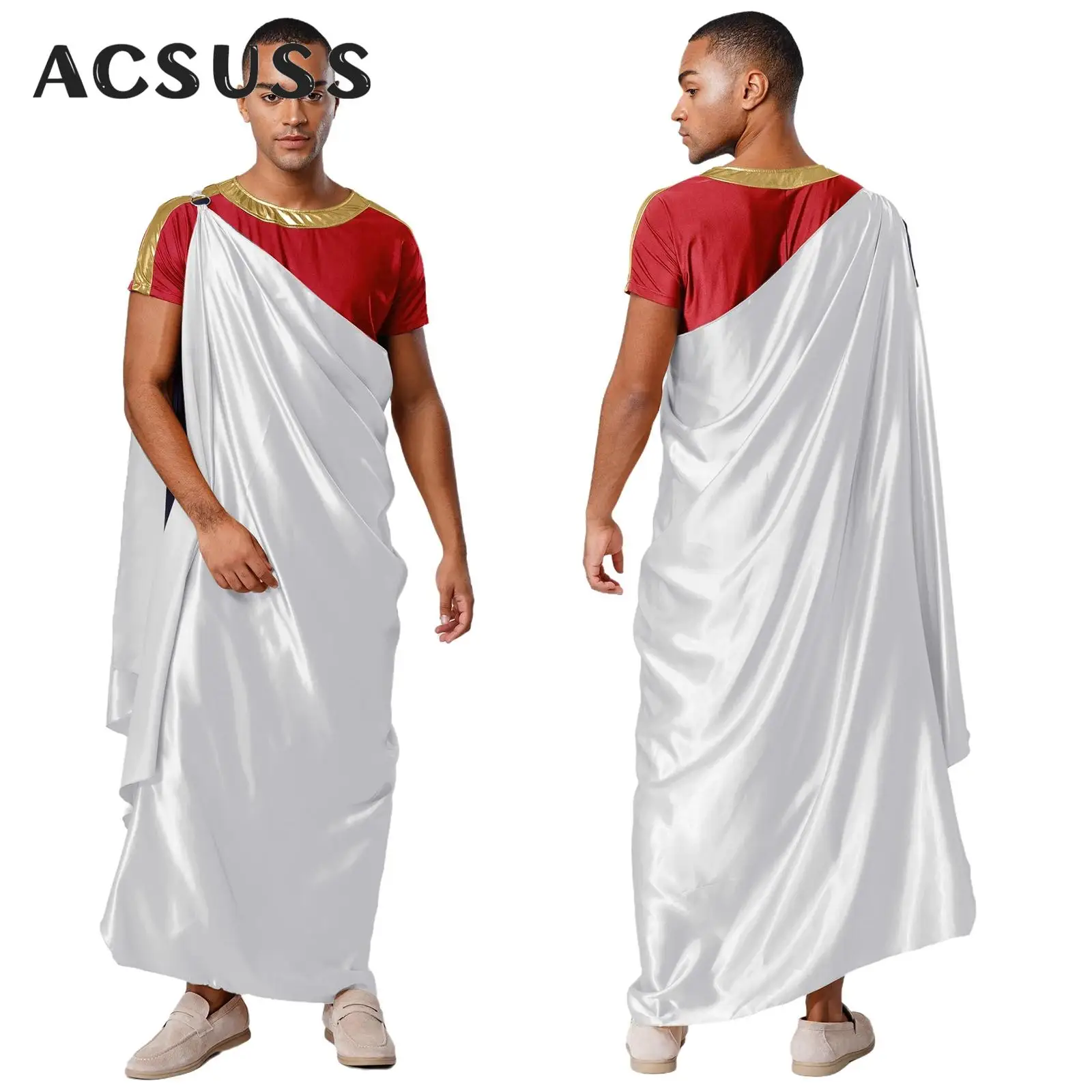 

Men Ancient Greek God Costume Halloween Theme Party Roman Prince Gladiator Cosplay Dress Up Short Sleeve Robe with Satin Cape