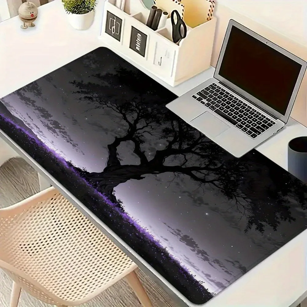 Tapis de souris à motif ciel étoilé et arbre haut, accessoires de bureau, tapis de souris xxl