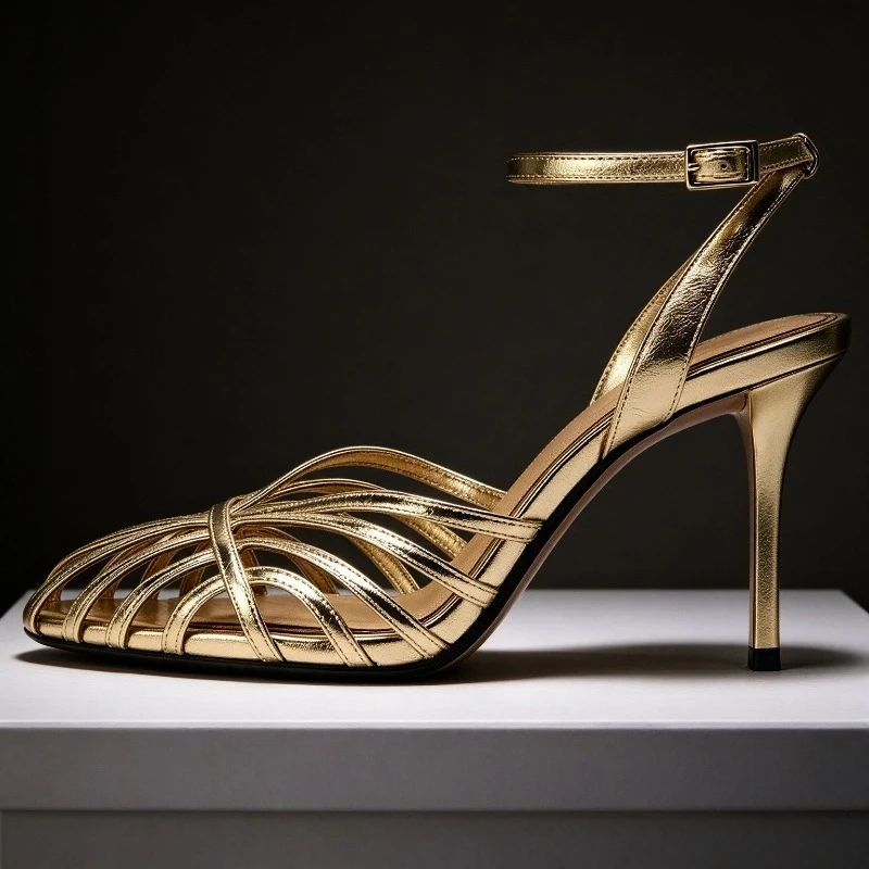 Gold Weave Luxury Brand Women Heels Sandals Hollow Summer 2026 New High Heels Ladies Narrow Band Sexy Banquet Dress Shoes Women