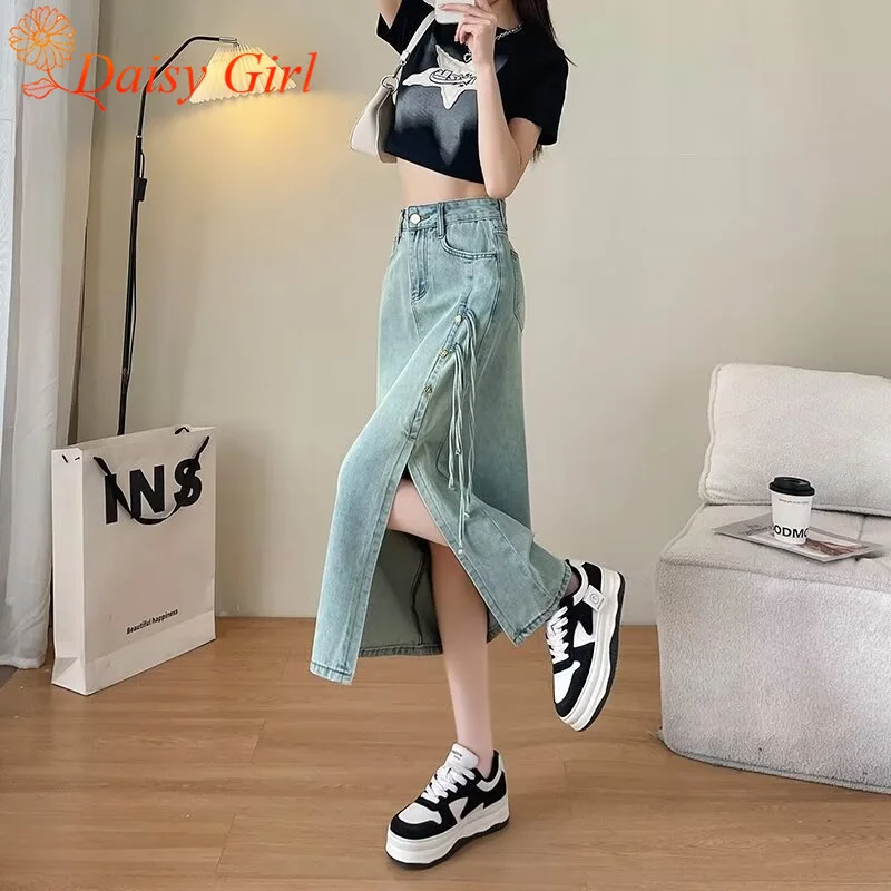 Novo verão retro cintura alta denim saia menina cor sólida fenda saias de comprimento médio design sentido pequena a linha hip-pack saia