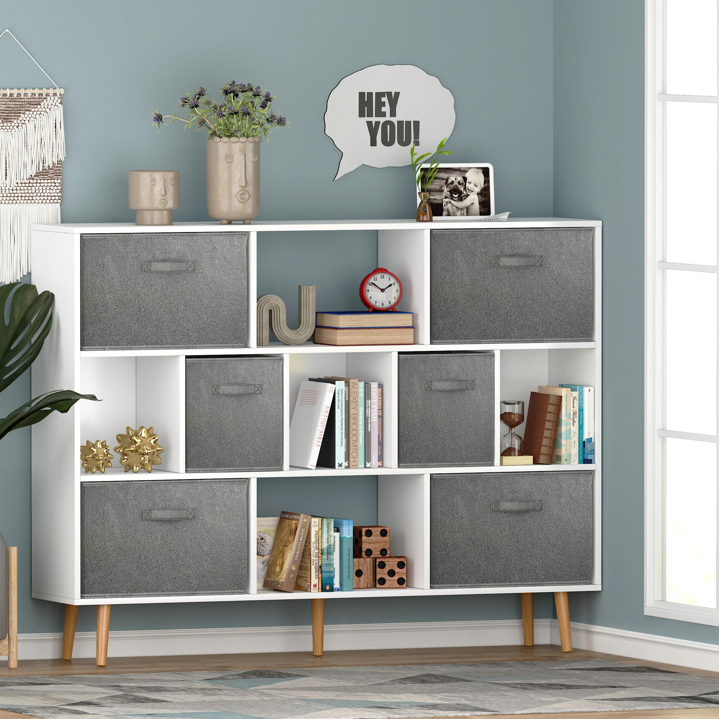 [Flash Sale]4-Layer 11-Compartment Bookshelf with Tall Legs and 6 Non-Woven Drawers Bookcase White/Brown 140*30*107cm[US-Stock]