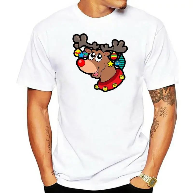 Rudolph with Xmas Decorations Hanging From Antlers Mens T-Shirt Summer Short Sleeve Cotton Top Tee for Sale Natural T Shirt