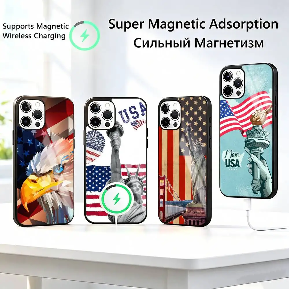 

America USA Flag-g Statue Liberty-y Phone Case For iPhone17,16,15,14,13,12,11Plus,Pro Compatible with magnetic wireless charging