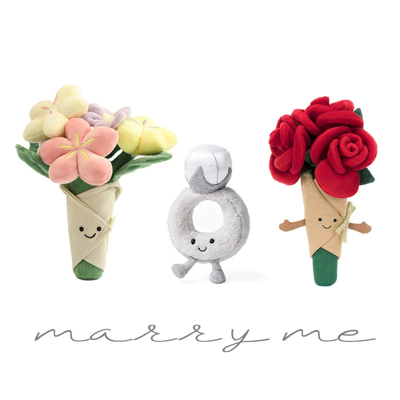 Bouquet de fleurs en peluche JC, bouquet de fleurs mélangées en peluche, mignon bouquet de fleurs souriantes, bague de fiançailles, cadeau de la Saint-Valentin, cadeau de mariage pour couple