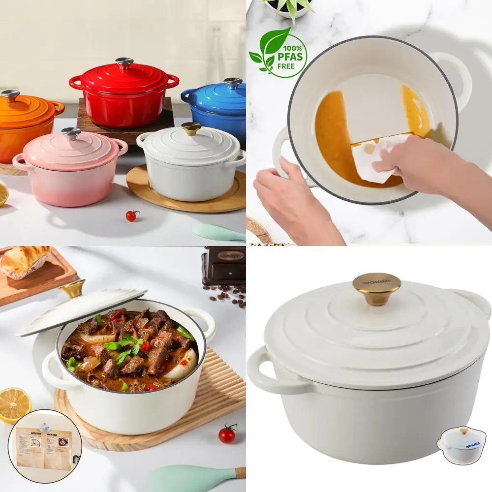 

7-литровая чугунная эмалированная кастрюля с крышкой для запекания, тушения, приготовления пирогов и жарки, подходит для использования в духовке до 500 градусов. ° Ф, Кремовый Wh