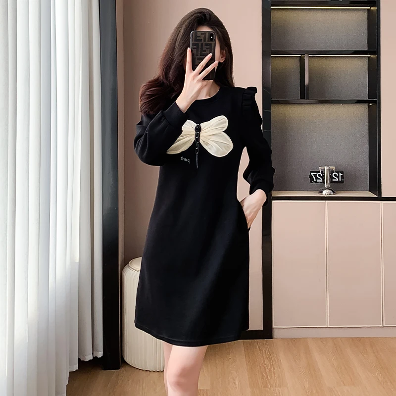 

Women Cotton Mini Dresses Female O Neck Long Sleeve Large Size 3XL Elegant Autumn ​Winter Black Loose 3D Dragonfly Slim Vestidos