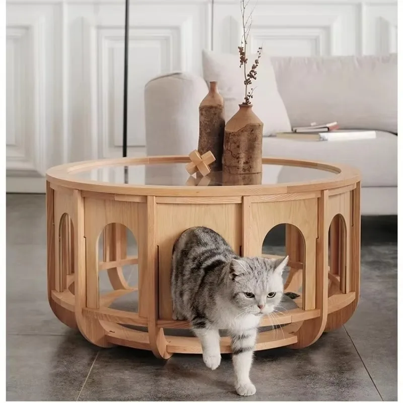 

Creative Living Room Coffee Table Round Glass Wood Minimalist Modern Design Side Table Unique Cats Mesa De Centro Sala Furniture
