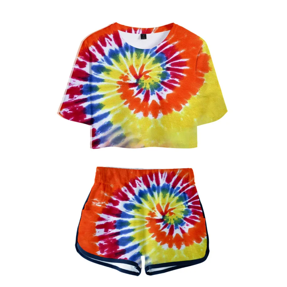 Comfortable Colorful Psychedelic 3D Two Pieces sets Tie Dye Flashbacks T-shirts shorts Pant Dew navel Girl Short Sleeve Suits