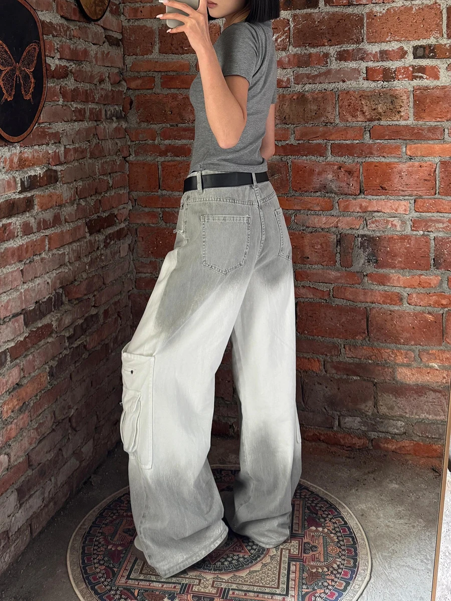 ReddaChic Celana Kargo Multi-saku Abu-abu Retro Wanita Jeans Lurus Kaki Lebar Naik Tinggi Kelim Mentah Gradien Wanita Y2k Pakaian Jalan Antik