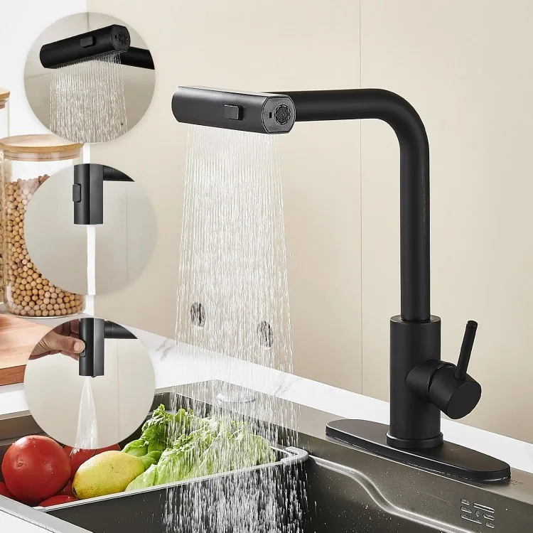 Kitchen Faucets with Pull Down Sprayer, Black Waterfall Touch Single Hole Stainless Steel Kitchen Sink Faucet, Commercial Modern