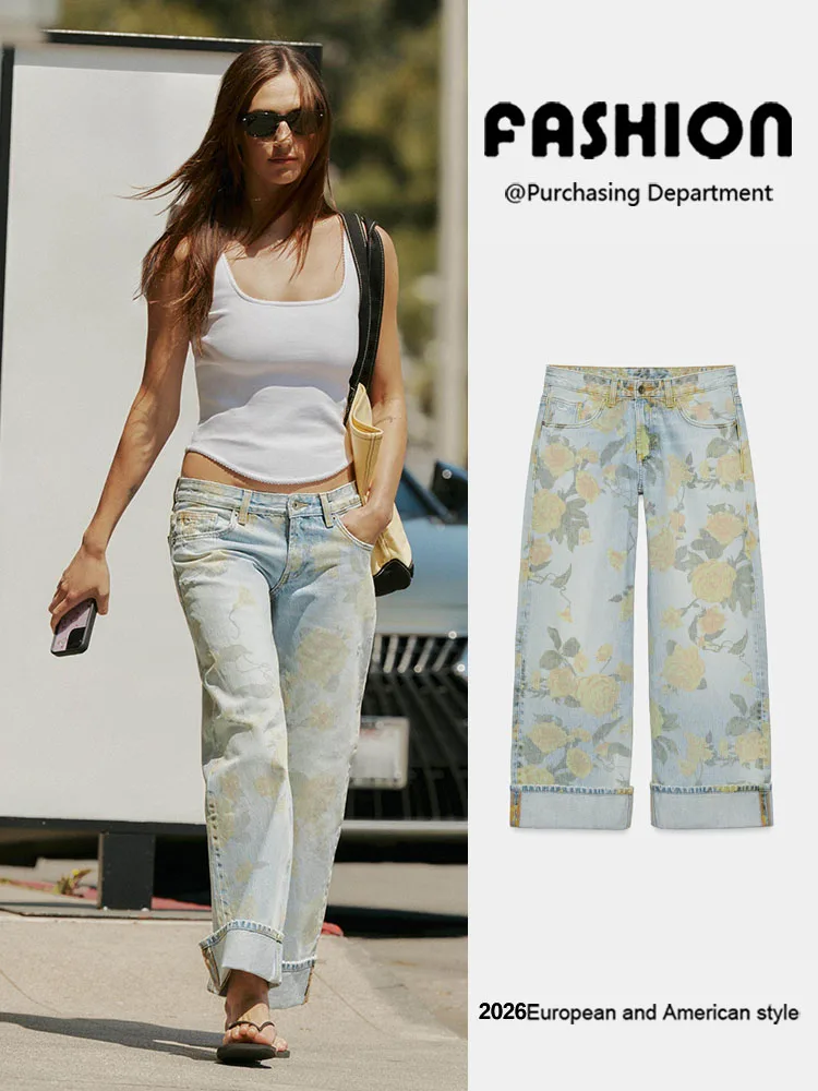 Low Waist Wide Leg Jeans Women's New Summer Fashionable Versatile Cuffed Printed Denim Pants Loose Fit Long Trousers