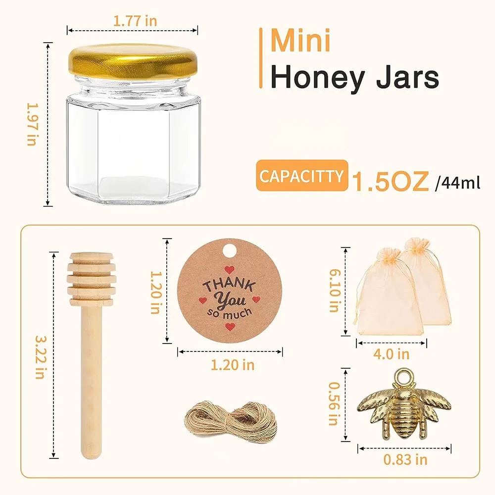 Imagem -02 - Mini Honey Jute Honey Jars Favores de Festa em Massa com Dipper Tampas Douradas Pingentes de Abelha Bonitos Bolsas de Presente e Juta para Chuveiro de Bebê Pacote 60